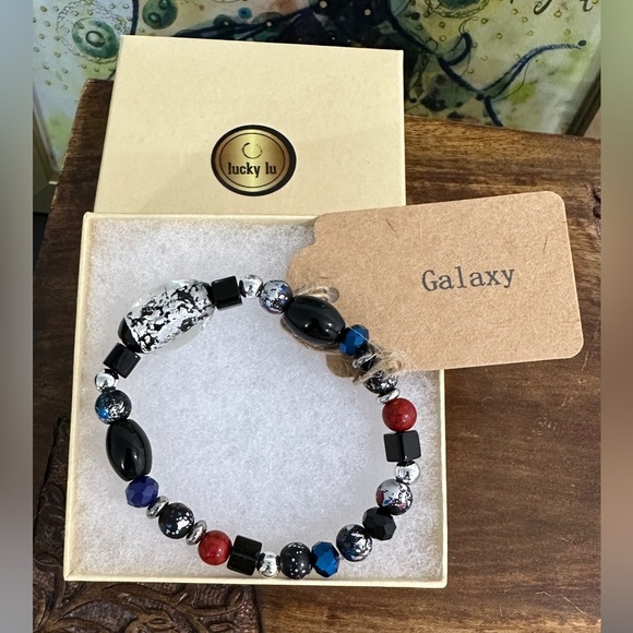 NEW Stackable Beaded Bracelet "Galaxy" Glass Metal Stone Stretch 6.5" - Picture 1 of 9